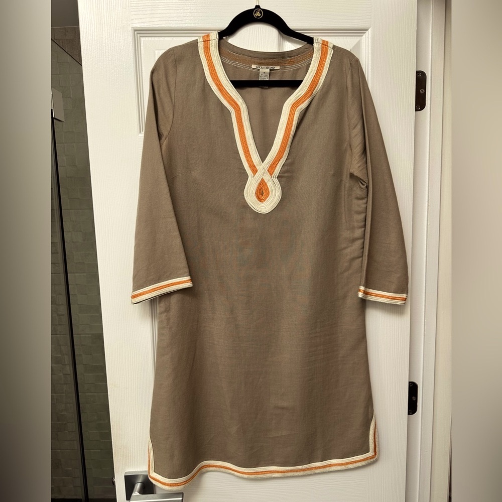 LUCKY Brand- 55% Linen 45% Cotton. Taupe Dress with soutache trim. Size M